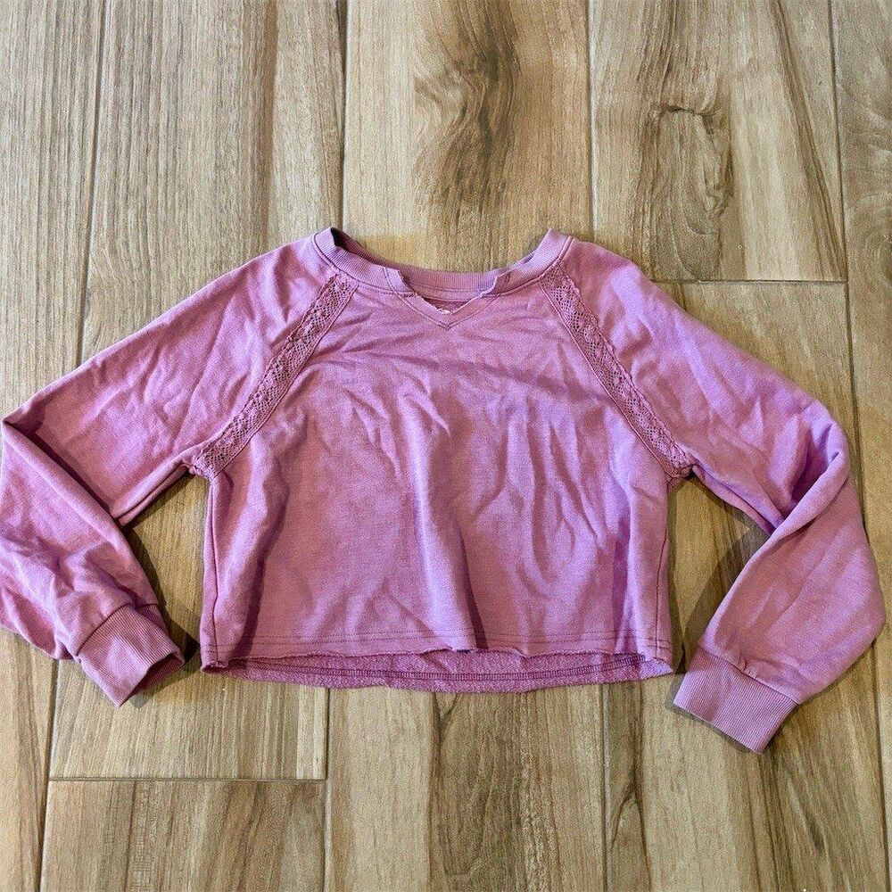 SO Girls Sweatshirt Size L Purple Cropped Lace Trim Raglan Long Sleeve